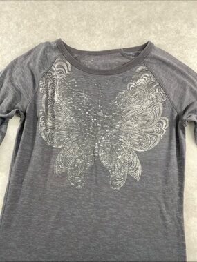 Juniors Charcoal Gray Long-Sleeve Tee with Silver Butterfly Graphic near vintage